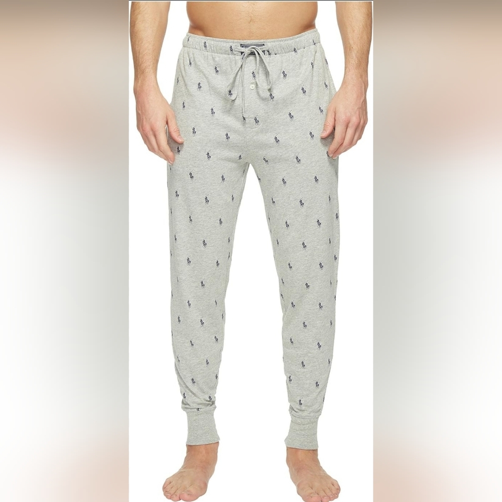 Mens Large Ralph Lauren Gray Polo Pajama Pants with Navy Print EUC